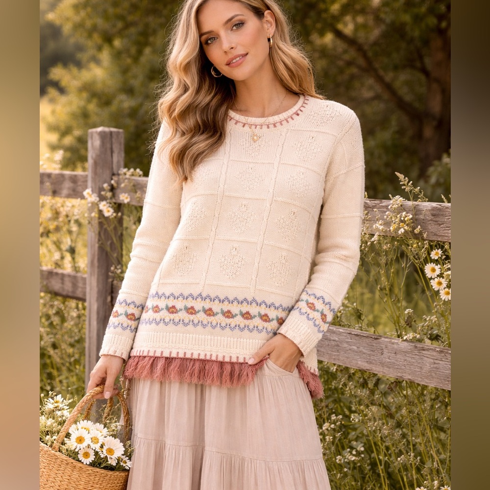 Vintage Cottagecore Crochet Floral Pattern Fringe Sweater - Cream Size Medium